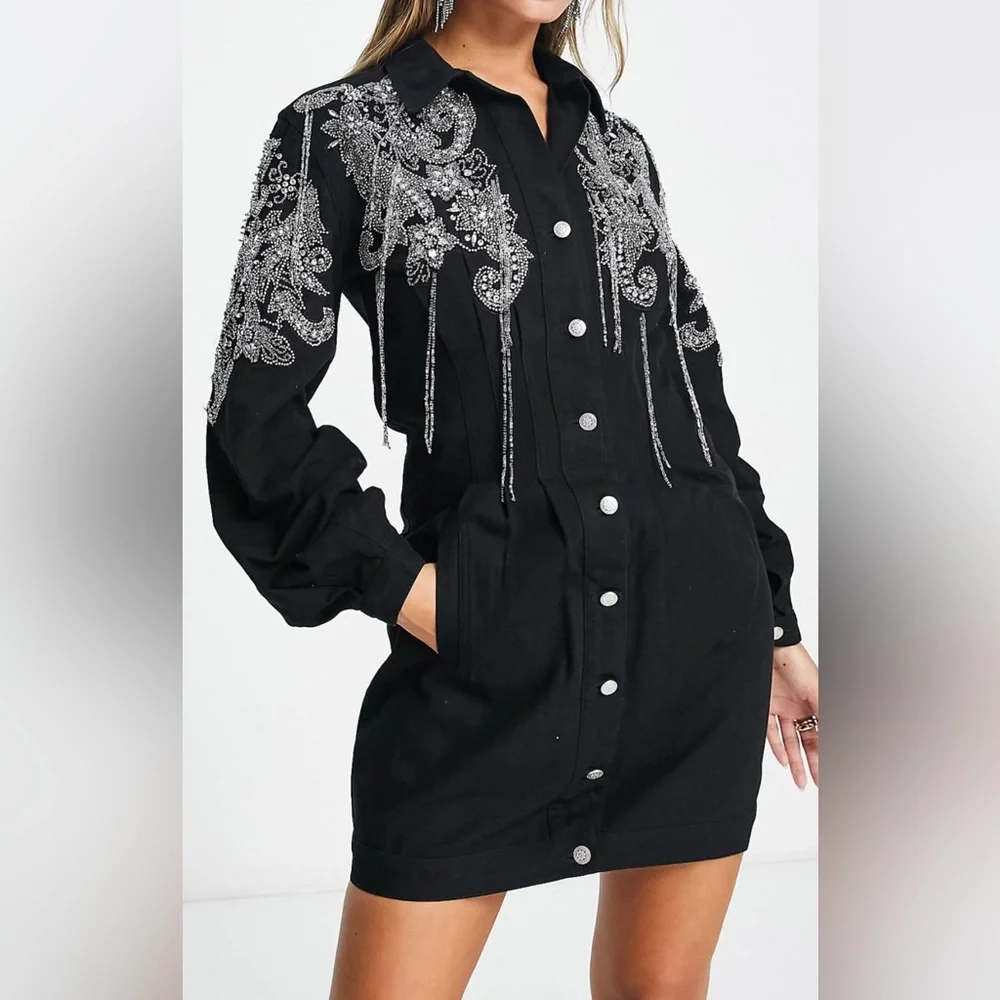 Black Jean Dress with Silver Embellishments - Picture 1 of 8